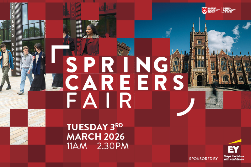 Text says Spring Careers Fair and image has a red background with students walking around the Queen's campus